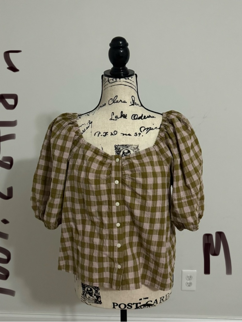 Universal Thread Olive and Cream Gingham Puff-Sleeve Button-Up Top